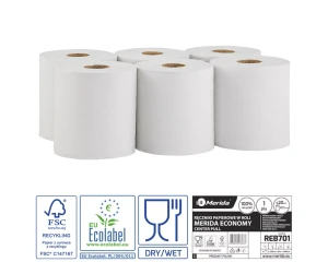 Ręczniki papierowe w roli, MERIDA ECONOMY CENTER PULL MAXI ECOLABEL, jednowarstwowe, białe, średnica 20 cm , długość 320 m,, zgrzewka 6 rolek